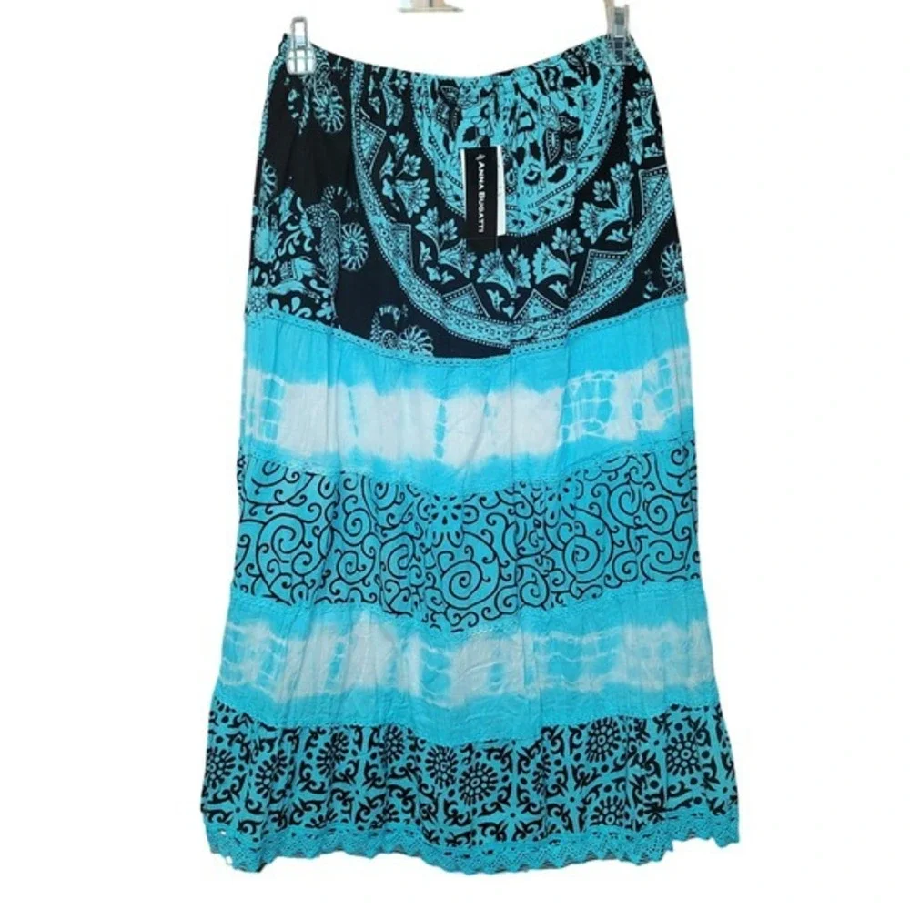 Anna‎ Bugatti Tie Dye Tier Crochet Boho Blue Cotton Midi Skirt Y2K Hippie One Sz